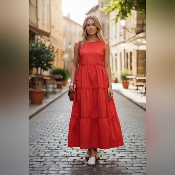 J. Crew Dresses & Skirts - J. Crew Coral Cotton Sleeveless Tiered Maxi Dress Sz 4